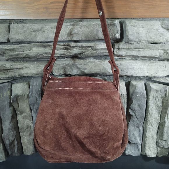 EUC Vintage Amilet Brown Suede Leather Saddle Bag Purse Shoulder Bag Bead Flower - Picture 3 of 11